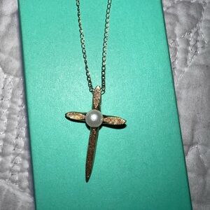 14k Solid Yellow Gold Cross & Pearl Necklace